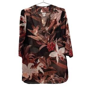 Chico's Espresso Embellished Floral Tunic Top 3/4 Sleeve Size 00/XS